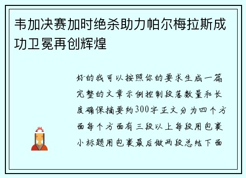韦加决赛加时绝杀助力帕尔梅拉斯成功卫冕再创辉煌