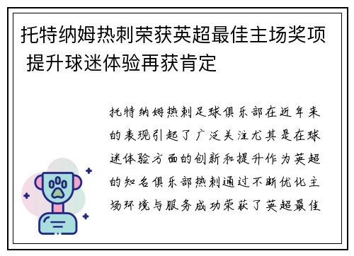 托特纳姆热刺荣获英超最佳主场奖项 提升球迷体验再获肯定