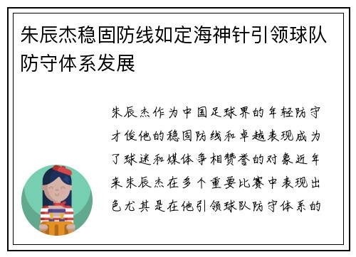 朱辰杰稳固防线如定海神针引领球队防守体系发展