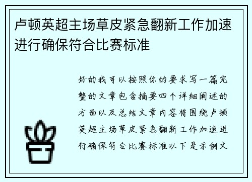 卢顿英超主场草皮紧急翻新工作加速进行确保符合比赛标准